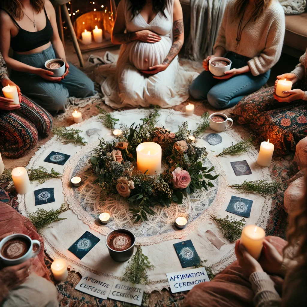 DALL·E 2024-09-28 19.46.01 - A peaceful Blessingway ceremony with a pregnant mother seated in the center of a circle of women. The mother holds a cup of cacao as part of a Kakao c